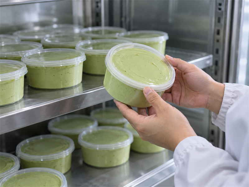 Matcha cream cheese tubs inspected in chilled commercial storage