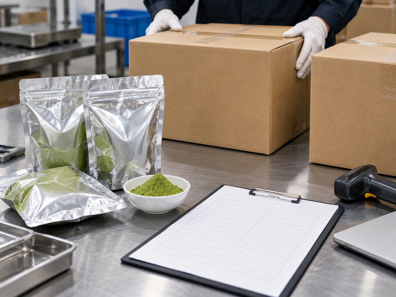 A matcha importer reviewing supplier and broker handoff documents at a desk