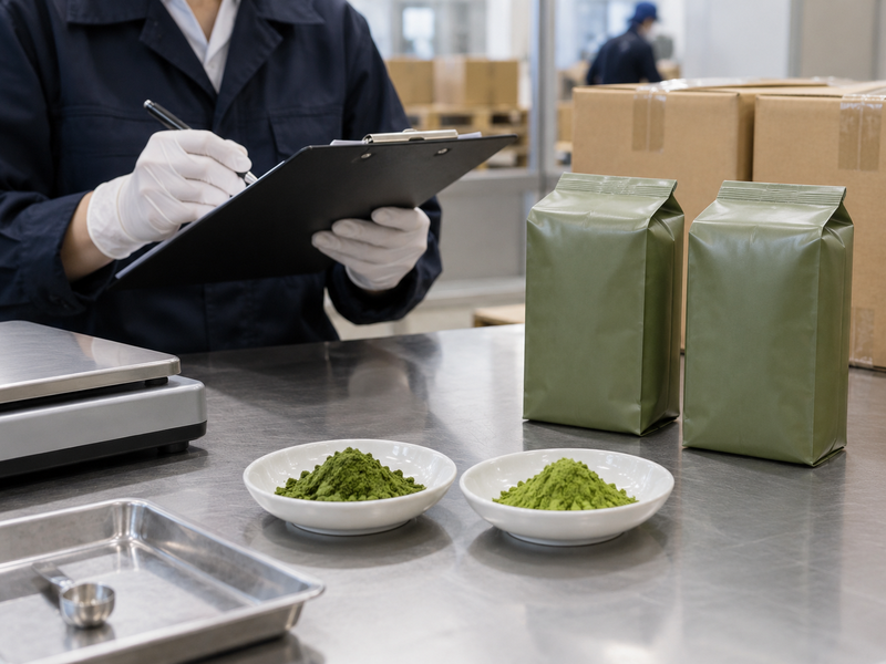 Commercial invoice, packing list and matcha cartons aligned for a broker review