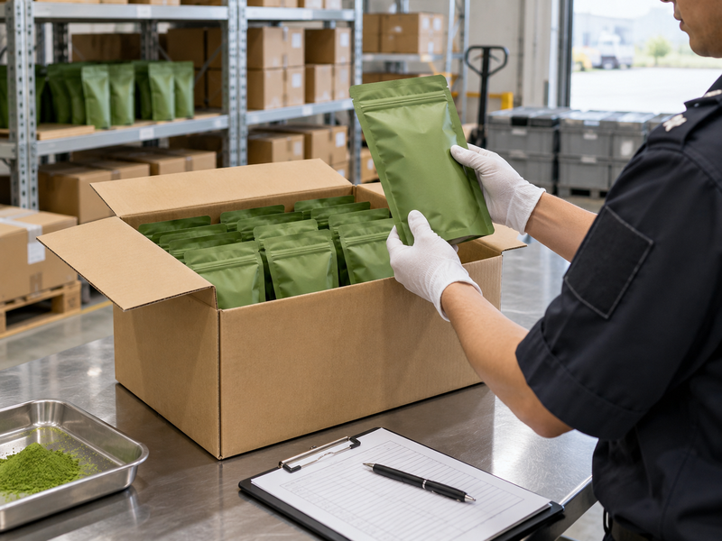 Sealed matcha cartons segregated in a receiving area pending an agency release