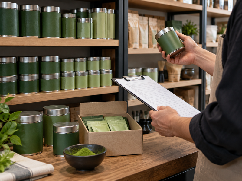 A retailer reviews shopper questions beside a small matcha shelf