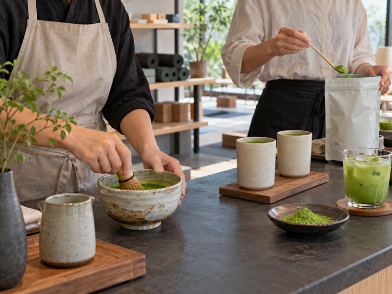 Wellness studio staff preparing matcha service at a refreshment counter