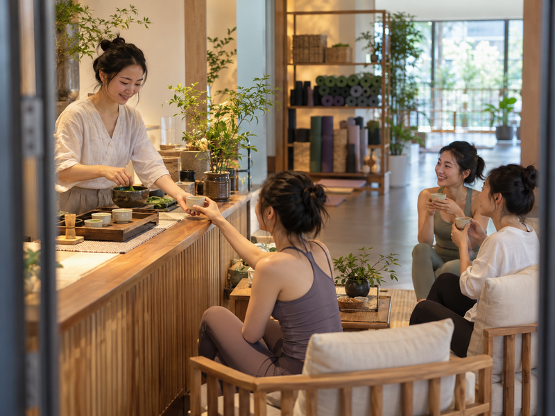Wellness studio staff preparing matcha service at a refreshment counter