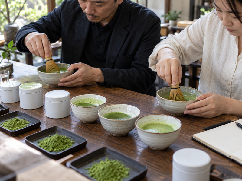 Buyers whisking matcha samples at a supplier tasting table