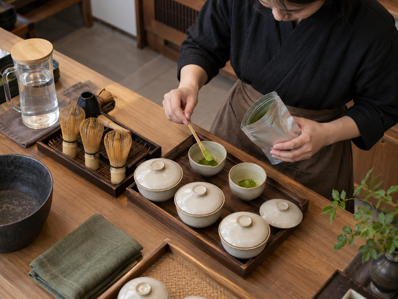 Studio worker preparing measured matcha portions before service