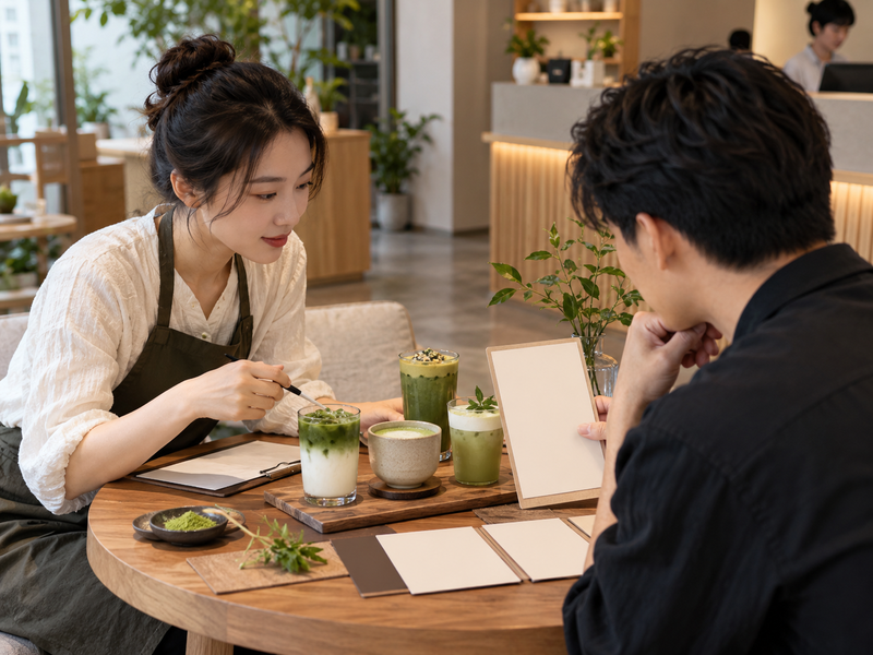 Studio manager reviewing a blank matcha menu proof and ingredients