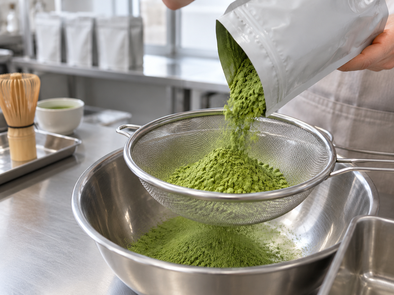 Measured matcha powder beside a sieve and whisking tools