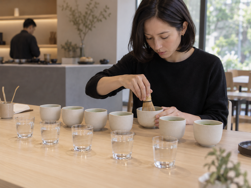 Buyer checking lot documents beside sealed matcha samples