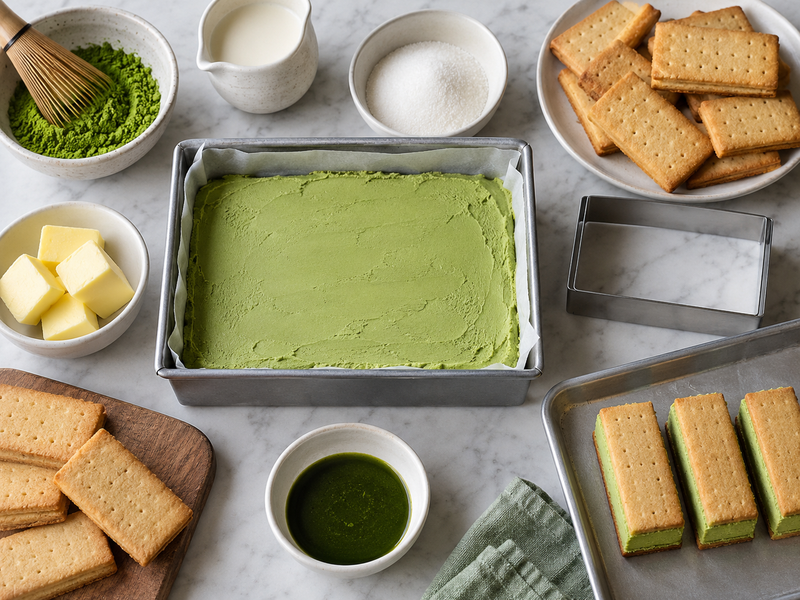 Cut matcha ice cream sandwiches with even frozen filling and clean green outer layers