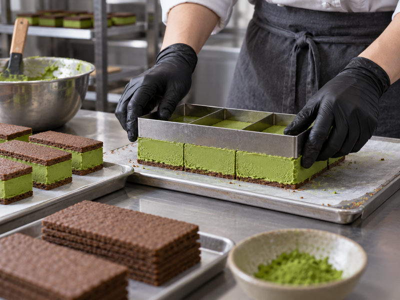 Weighed matcha powder beside sponge and frozen filling trials in a commercial dessert kitchen