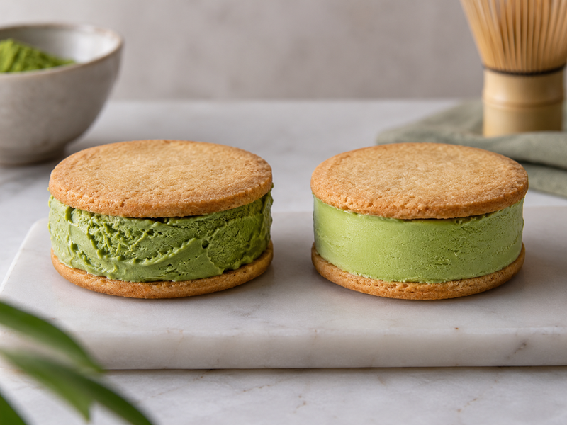 Matcha sponge sheet and vanilla ice cream filling leveled in a rectangular assembly frame