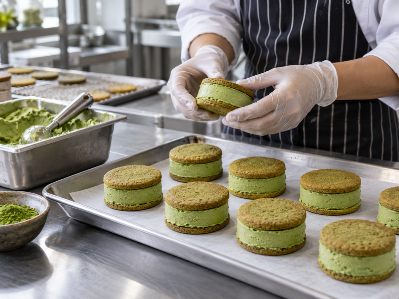 Individually wrapped matcha ice cream sandwiches in a labeled frozen dessert tray