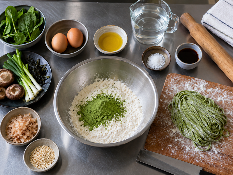 Fresh matcha noodle shapes are compared on a test kitchen board