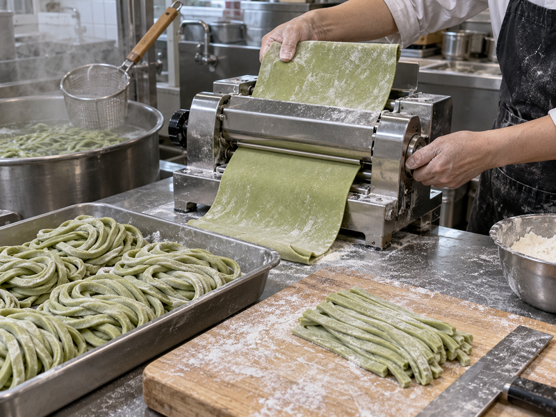 Weighed matcha portions are incorporated into equal fresh noodle dough trials