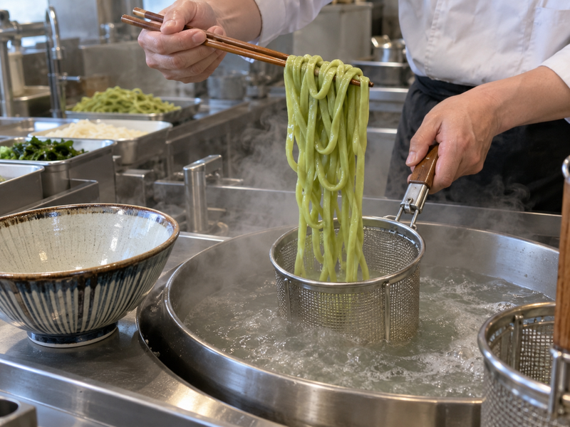 A fresh green matcha dough sheet moves through a pasta machine