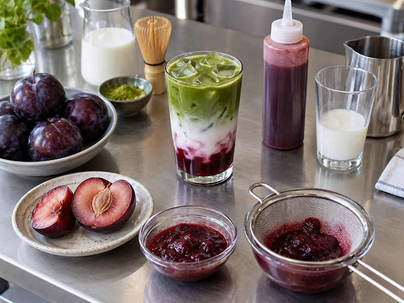 Seasonal matcha plum latte with measured fruit layer and tasting notes