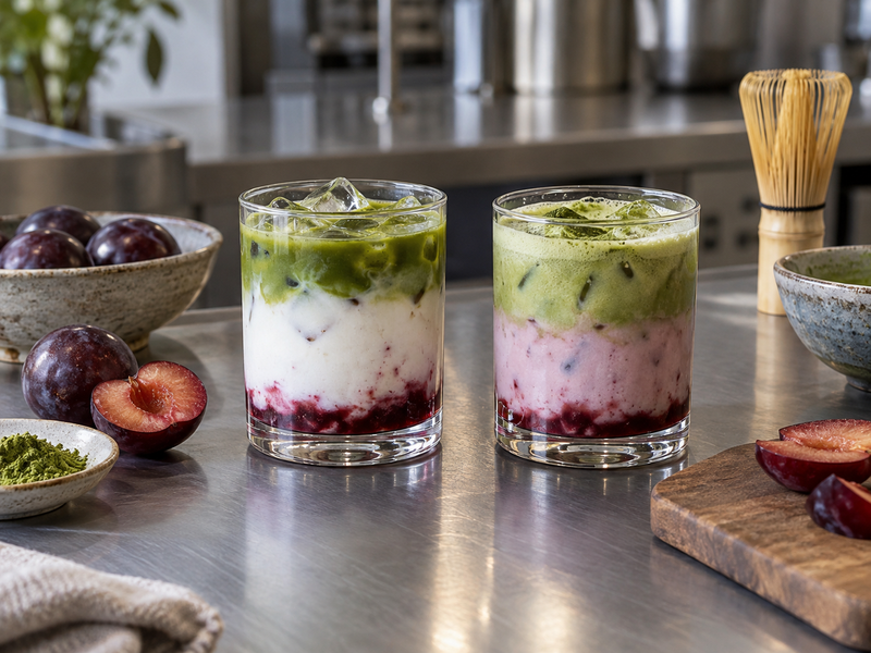 Milk compatibility test cups with plum compote and plant milk options