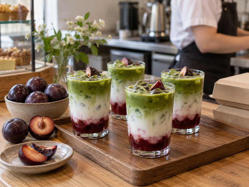 Iced matcha plum latte assembled with measured layers in a clear café glass