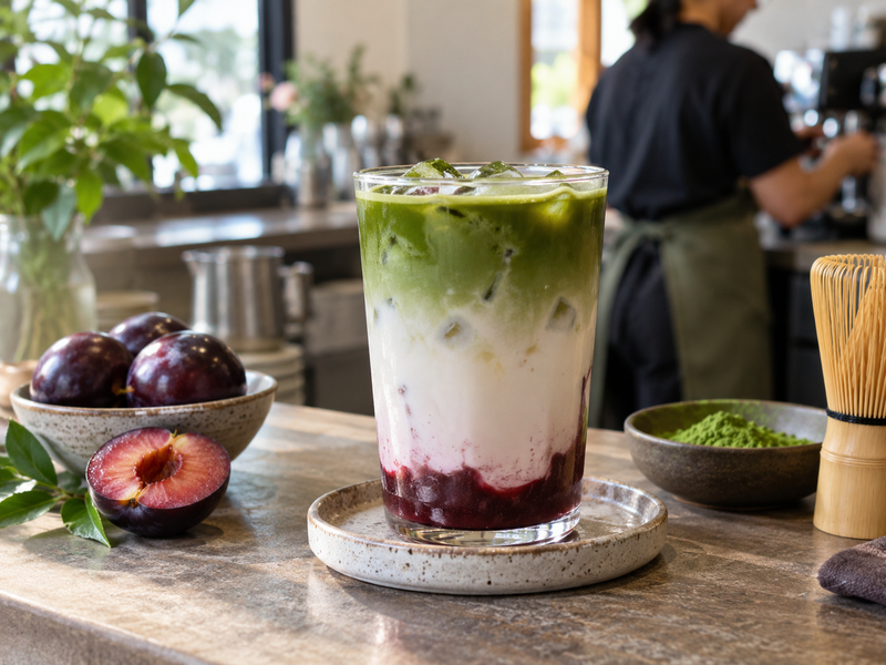 Plum receiving and cost record beside finished matcha latte ingredients