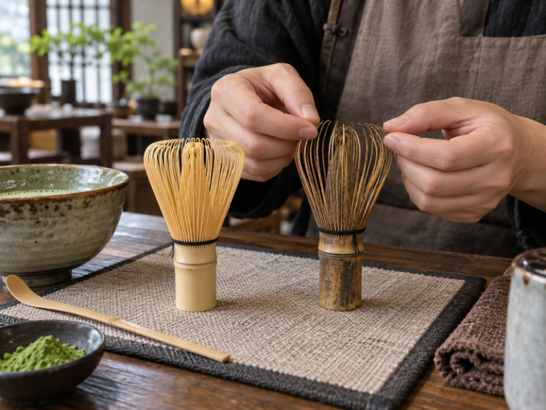 New and worn bamboo matcha whisks compared