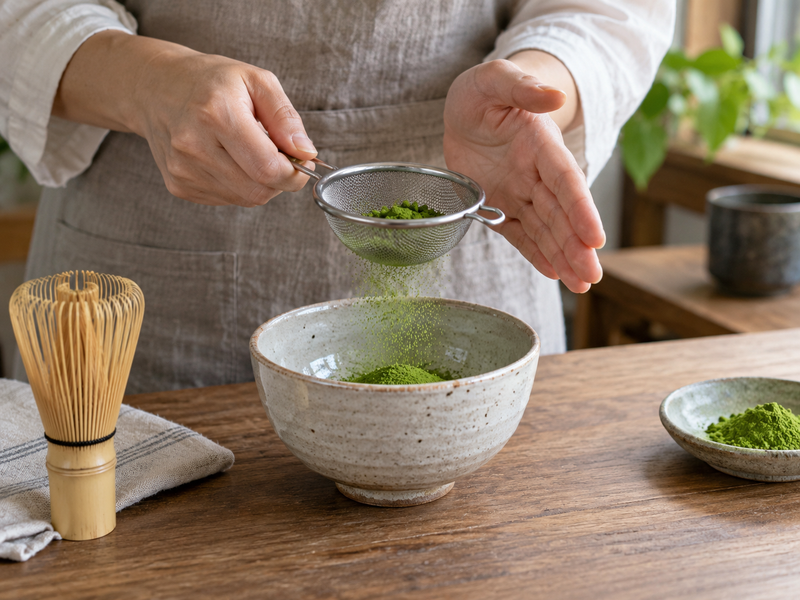 Matcha Whisk Vs Electric Frother: A small fine-mesh sifter breaking clumps of matcha powder over a bowl while an operator gently taps it
