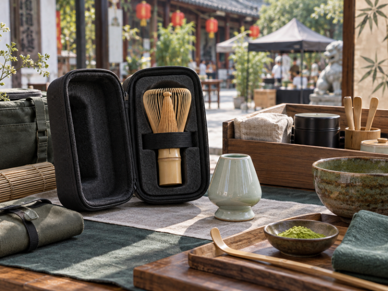 Bamboo matcha whisk protected in travel case