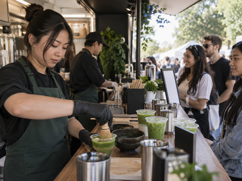 A two-drink matcha activation menu is tested in event cups