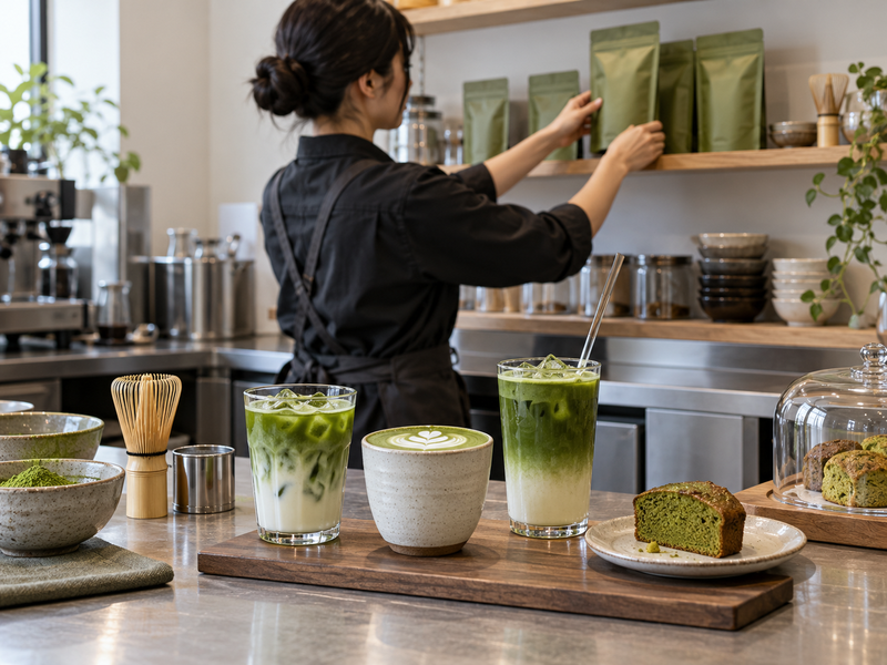 Labeled event inventory bins hold matcha, cups and service supplies