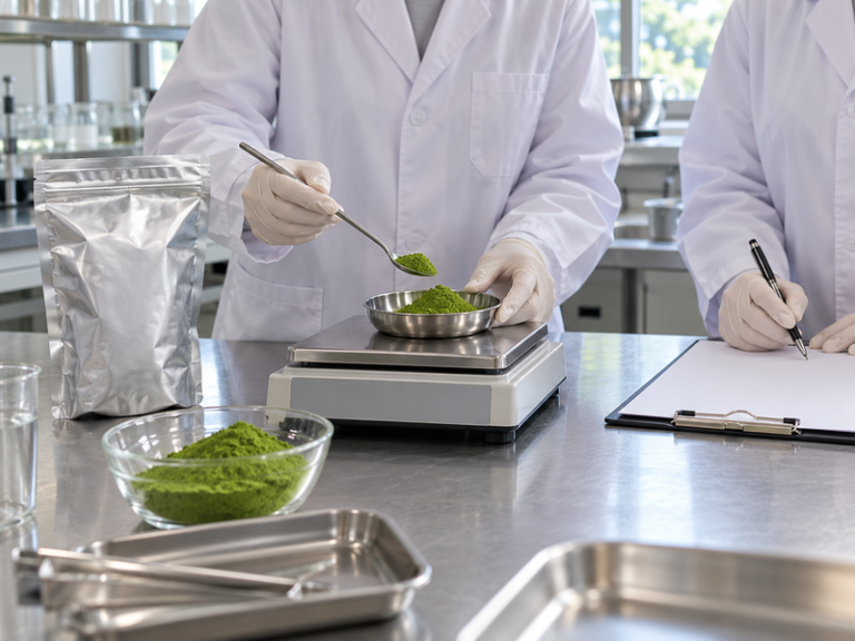 Food ingredient R&D staff weighing matcha powder beside a sealed bulk pouch