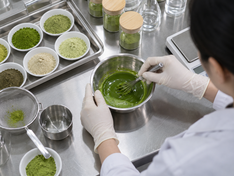 Food powder developer evaluating matcha at an R&D bench