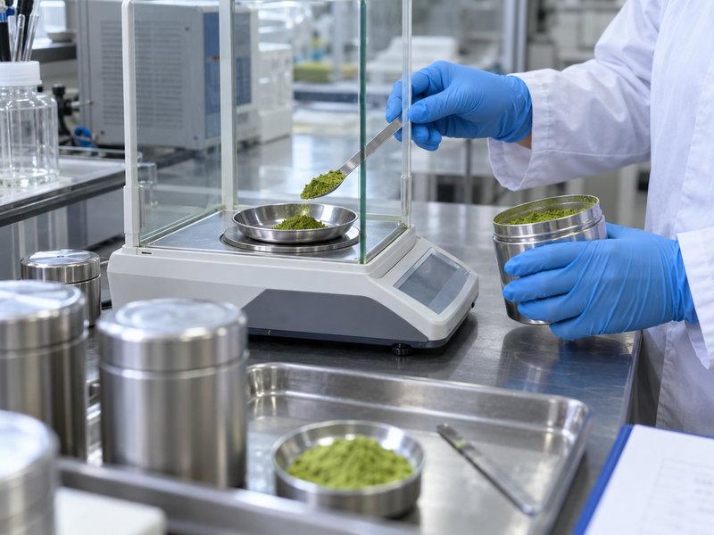 Gloved quality technician weighing matcha powder in a sample dish