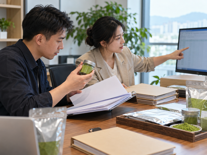 Quality staff reviewing blank batch documents beside matcha samples