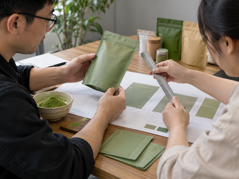 Product team reviewing an unbranded matcha package proof