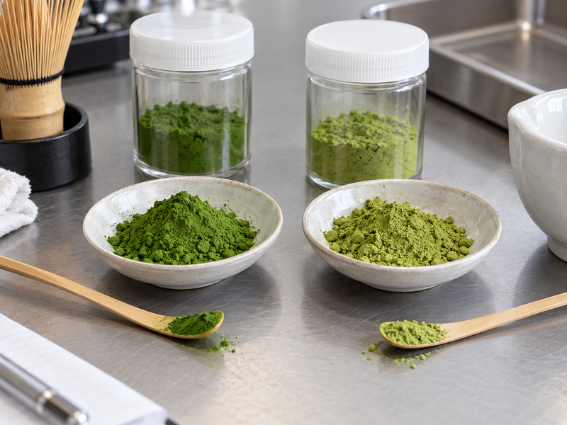 A buyer comparing matcha ingredient labels and a lot-linked claim register