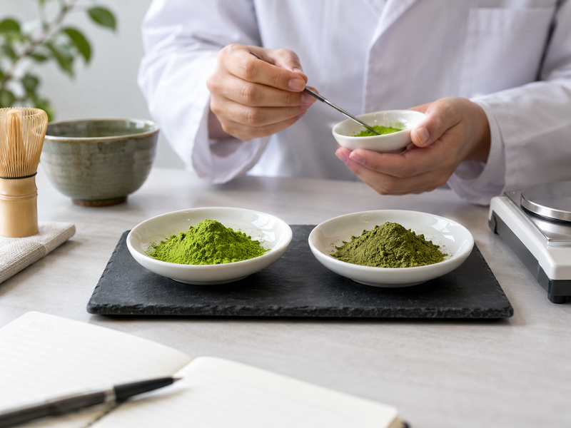 Sealed matcha sample bags prepared for documented laboratory submission