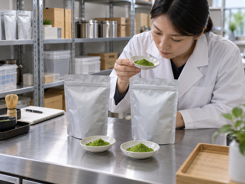 Quarantined matcha cartons with lot labels inspected by a quality team