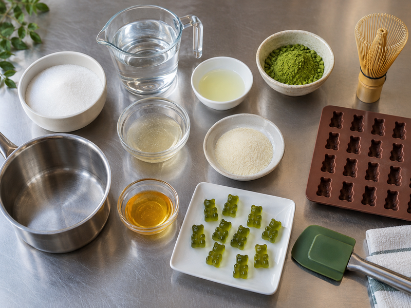 Test kitchen staff compare matcha gummy bear size and bite