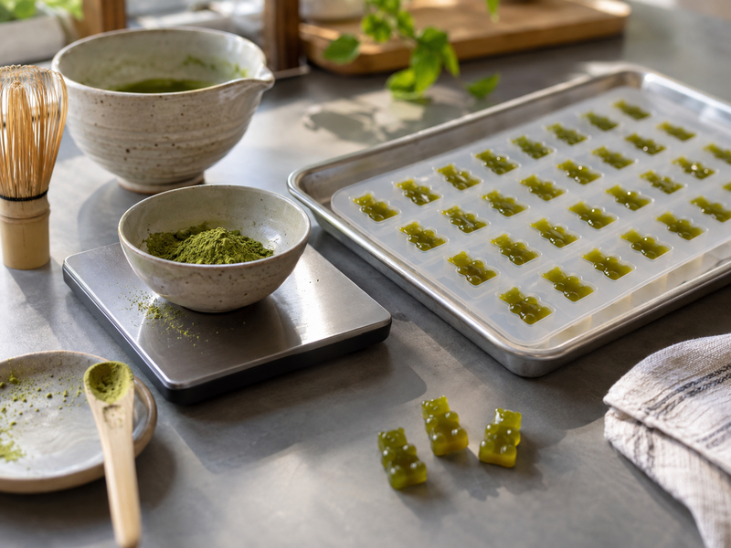 Matcha is weighed beside a tray of equal gummy trial molds
