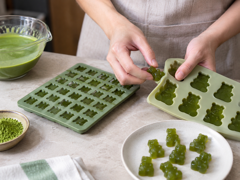 Two gummy mold shapes are compared for fill mass and clean demolding