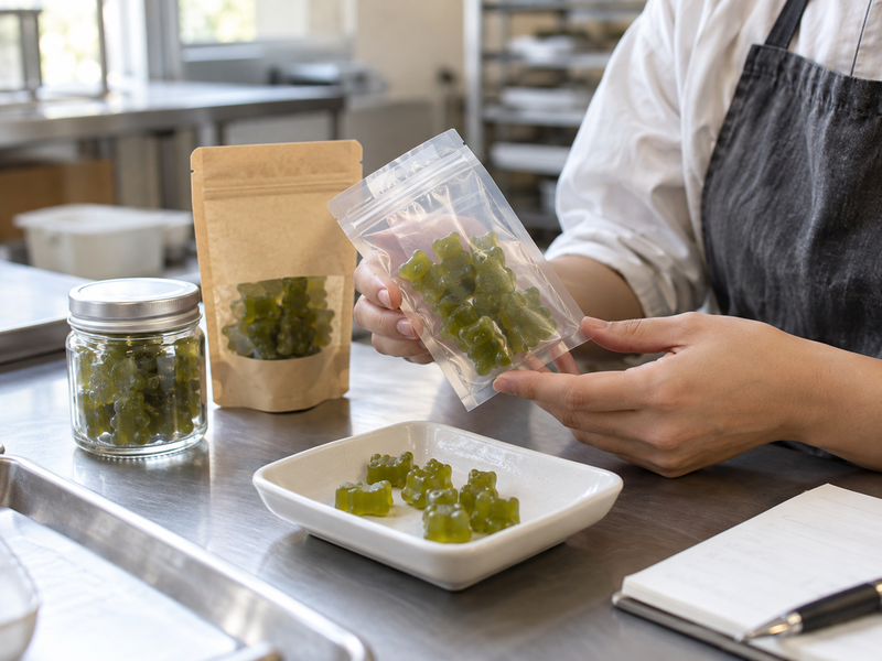 Prototype matcha gummies are inspected in candidate packages