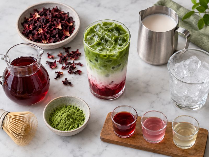 Iced matcha hibiscus latte with measured green and ruby layers