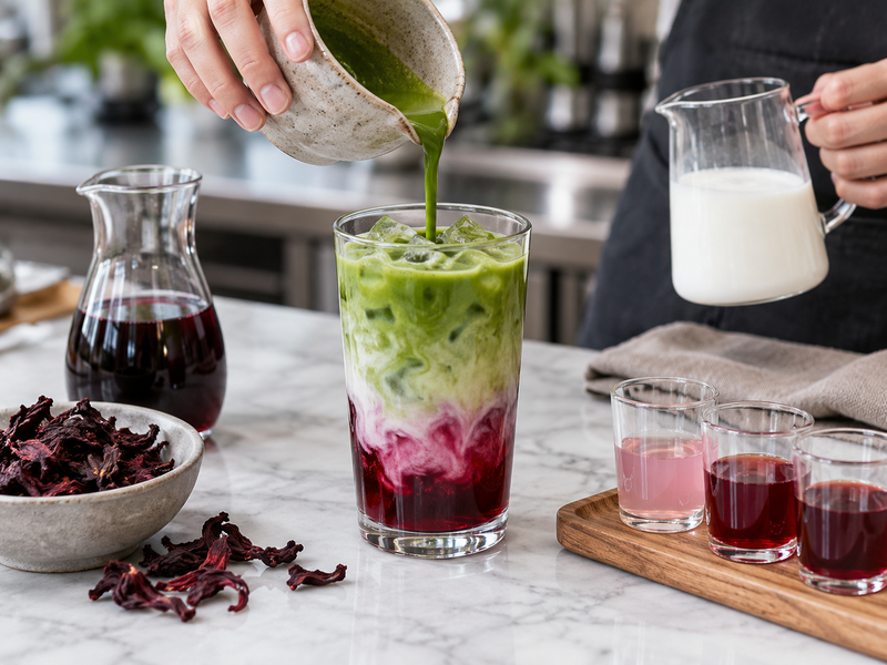 Hibiscus concentrate and sweetener samples weighed for iced latte testing