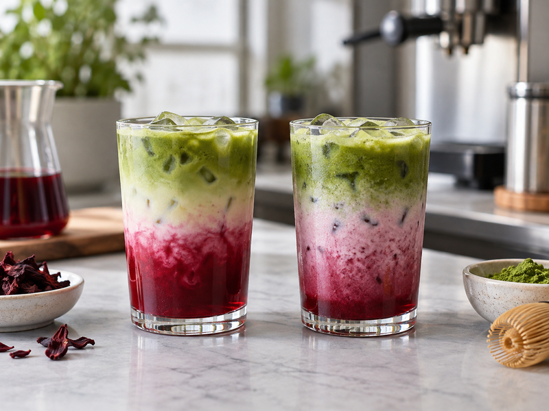 Coded matcha powder dose samples prepared for hibiscus latte testing