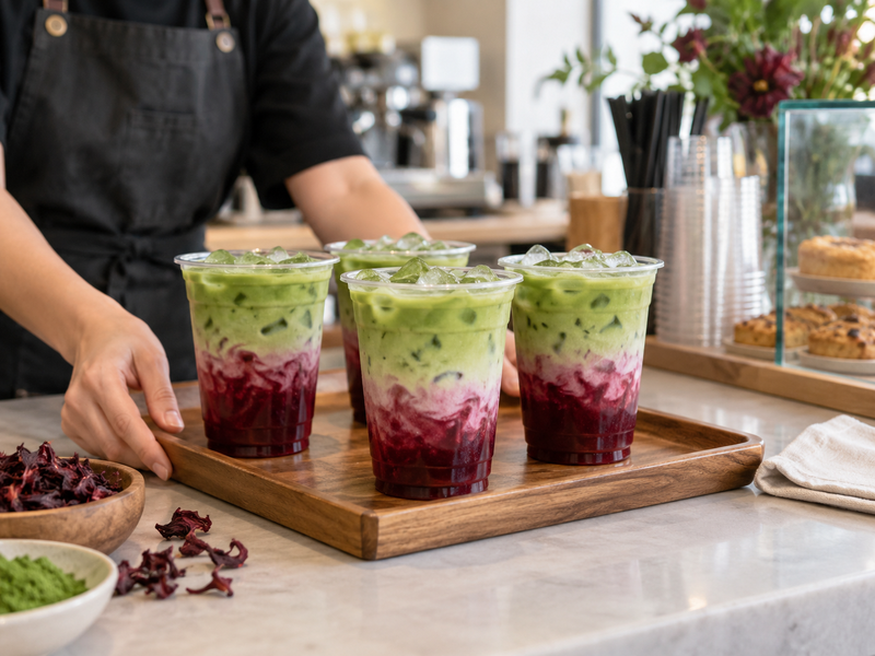 Barista assembling measured hibiscus, milk and matcha layers over ice