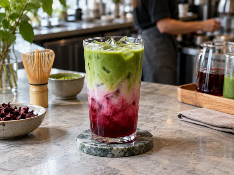 Ingredient specifications for hibiscus, matcha and milk beside a café cost sheet