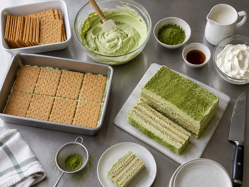 Neatly cut matcha icebox cake slice showing cream, softened cracker and strawberry layers