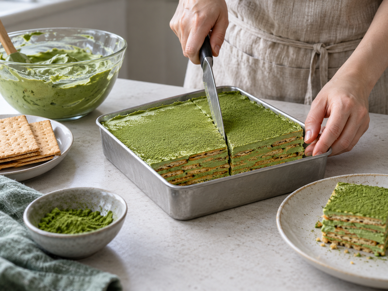 Pastry cook spreading a measured matcha cream layer across crackers in a lined tray