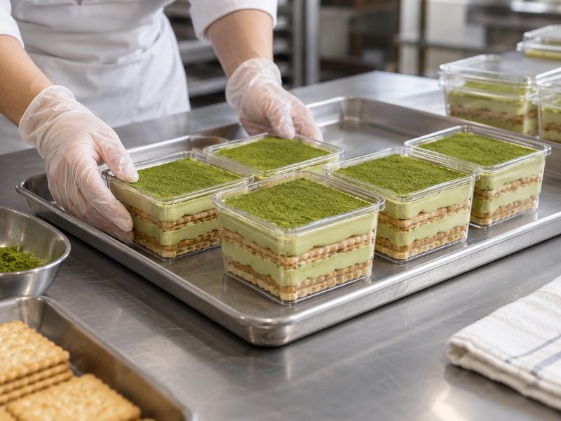 Café worker lifting a clean matcha icebox cake portion into a fitted takeaway container