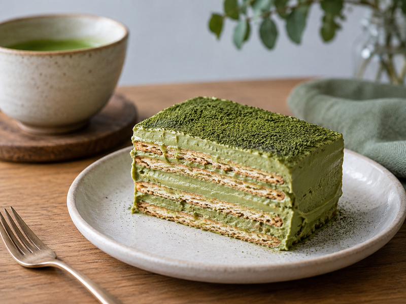 Buyer comparing two matcha icebox cake slices made with different powder lots on a tasting sheet