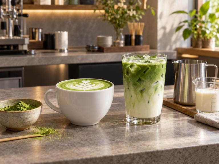 Hot and iced matcha lattes with measuring vessels at a Chinese café